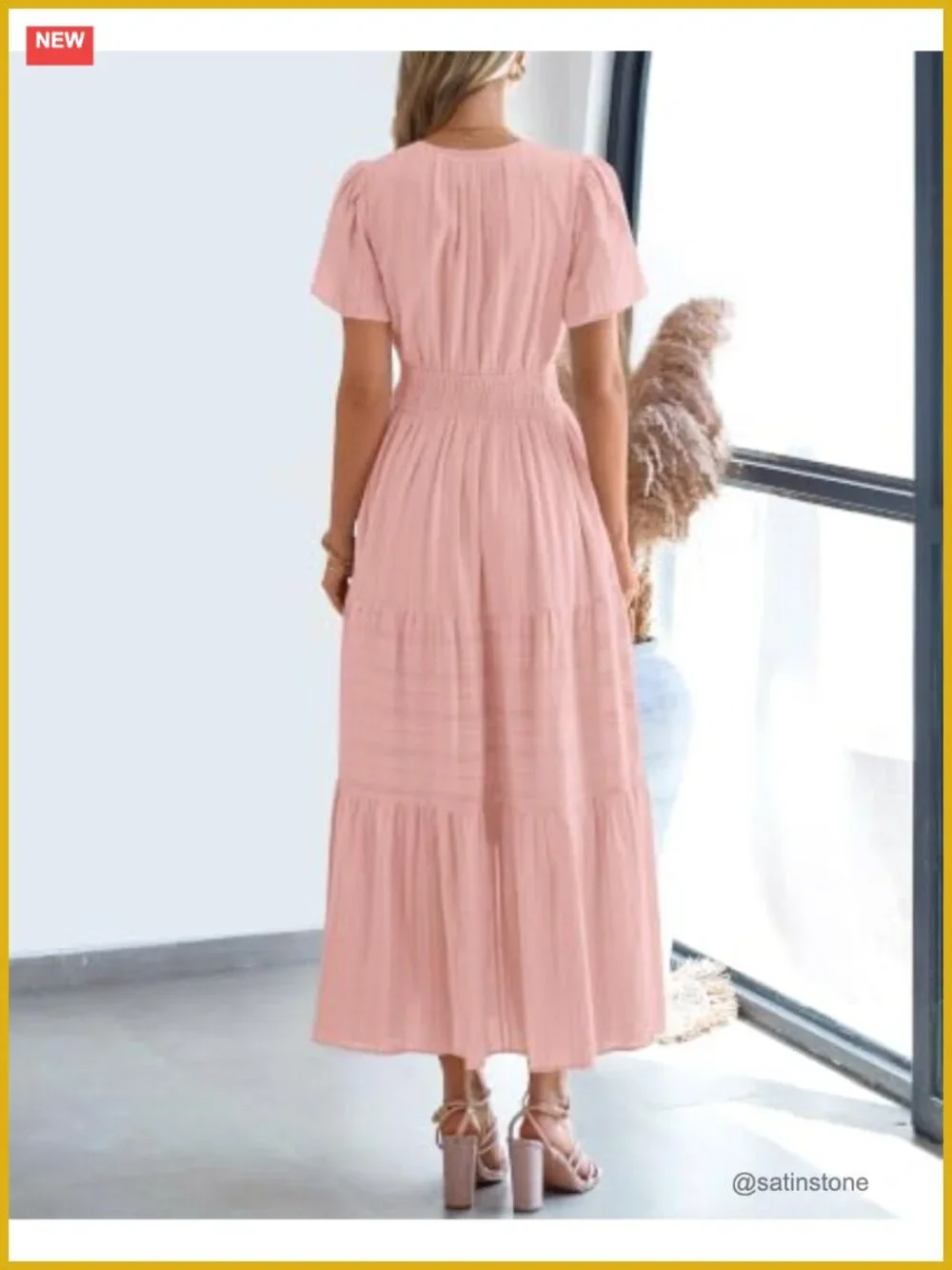 Womens Summer Casual Maxi Dress Lightweight Short Sleeve Tiered V Neck